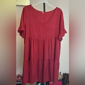 Short Sleeeve Ruffled Dress Red Brick Color